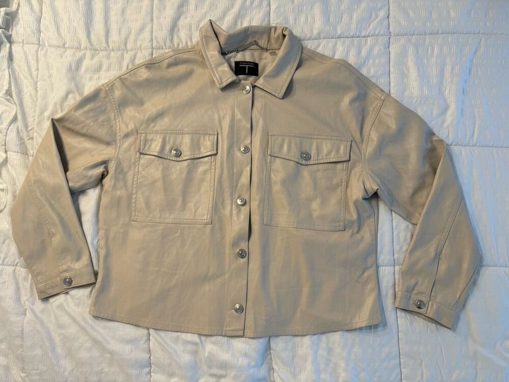 T Tahari Faux Leather Shacket Jacket Shirt Cream Beige Pockets Women's Large